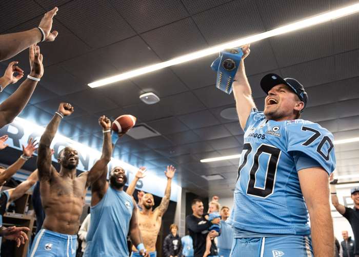 TORONTO, ON - Sep. 12, 2026: Lirim Hajrullahu of the Toronto Argos celebrates with teammates after a regular season CFL game against the Ottawa Redblacks.
