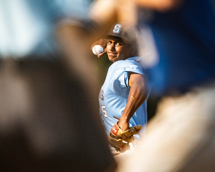 MISSISSAUGA, ON - Sep. 21, 2024: Caymo Ghannie of the Sheridan Bruins pitches during an Ontario Colleges Athletic Association baseball game against the St. Clair Saints.