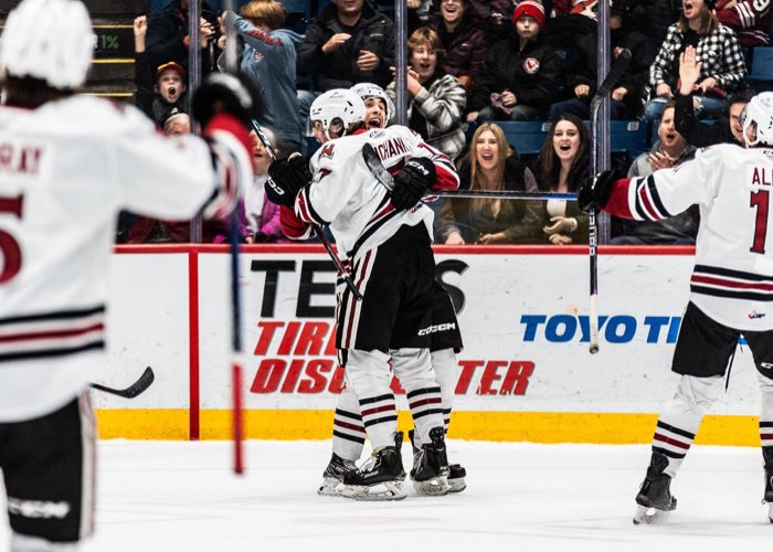 GUELPH, ON - Dec. 9, 2022: Jett Luchanko celebrates a game-winning goal scored against the Owen Sound Attack at the Sleeman Centre.