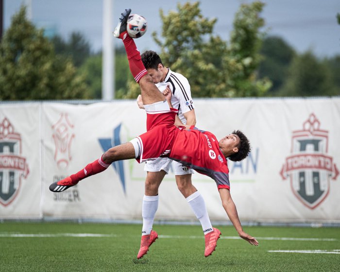 TORONTO, ON - Jul. 13, 2019: Tyrone Mulder of Windsor TFC scores a bicycle kick goal against Ottawa South United in League1 Ontario action.