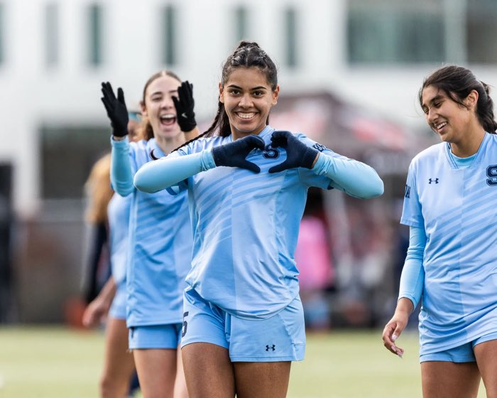 TORONTO, ON - Oct. 26, 2024: Jessica Jagdeo of the Sheridan Bruins celebrates a goal scored during an Ontario Colleges Athletic Association soccer game against the Redeemer Royals.