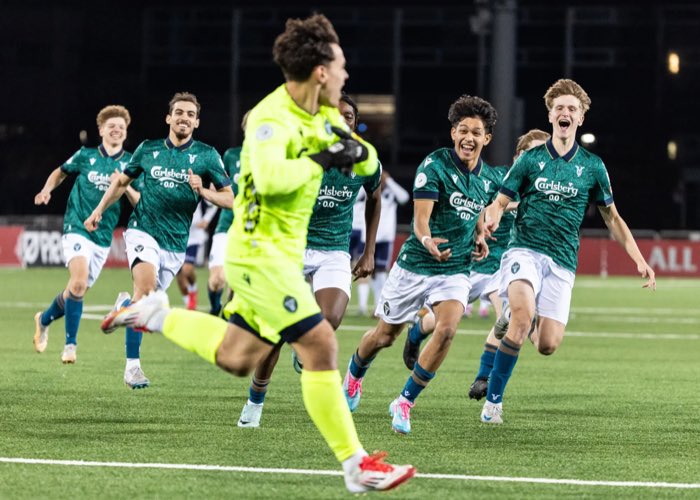 TORONTO, ON, Apr. 13, 2025: York United Academy players celebrate a penalty shootout victory in the League1 Ontario Cup against the Sudbury Cyclones.