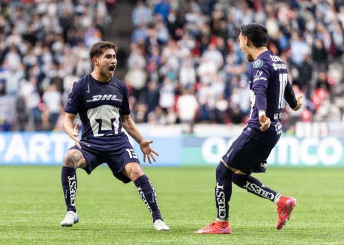 VANCOUVER, BC, Apr. 2, 2025: UNAM Pumas players celebrate a goal scored during CONCACAF Champions Cup action against the Vancouver Whitecaps.