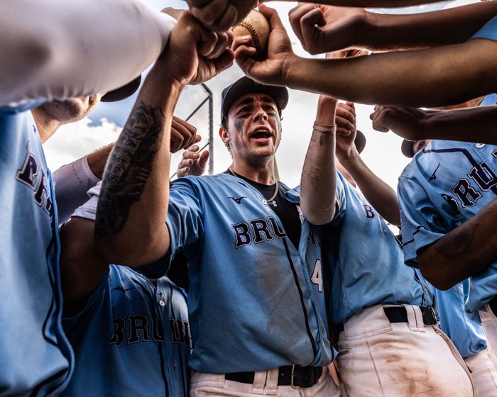 MISSISSAUGA, ON, Sep. 21, 2024: Tyler Barbier of the Sheridan Bruins leads a huddle before an Ontario Colleges Athletic Association baseball game against the St. Clair Saints.