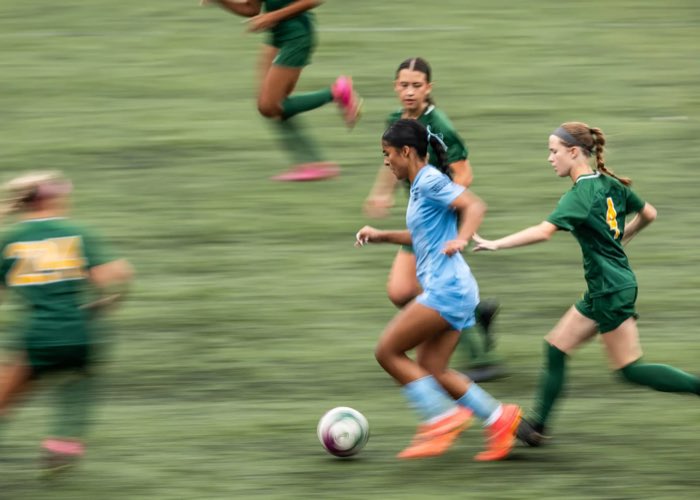TORONTO, ON, Sep. 28, 2024: Manuela Garcia of the Sheridan Bruins dribbles the ball during an Ontario Colleges Athletic Association soccer game against the St. Clair Saints.