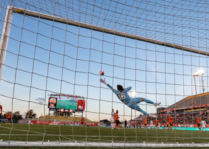 HAMILTON, ON, Nov. 2, 2024: Jassem Koleilat of Forge FC dives for the ball during Canadian Premier League soccer action against Atlético OTTAWA.