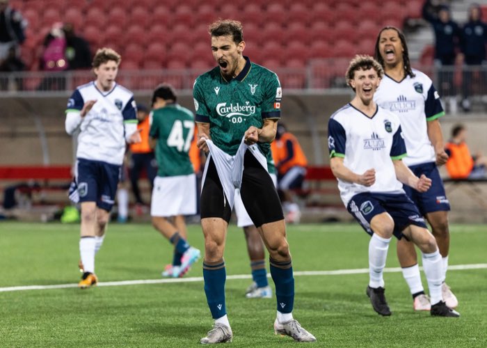 TORONTO, ON, Apr. 13, 2025: York United Academy players react after a miss from the penalty spot during League1 Ontario Cup action against the Sudbury Cyclones.