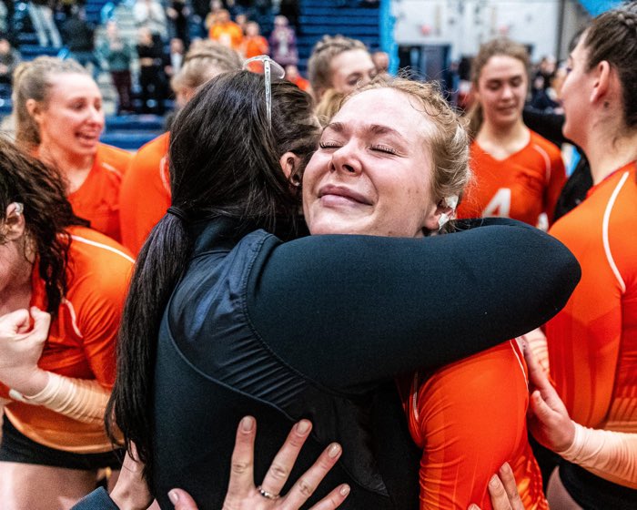 OAKVILLE, ON, Feb. 25, 2023: Mohawk Mountaineers players celebrate following the Ontario Colleges Athletic Association Women’s Volleyball third place game against the Seneca Sting.
