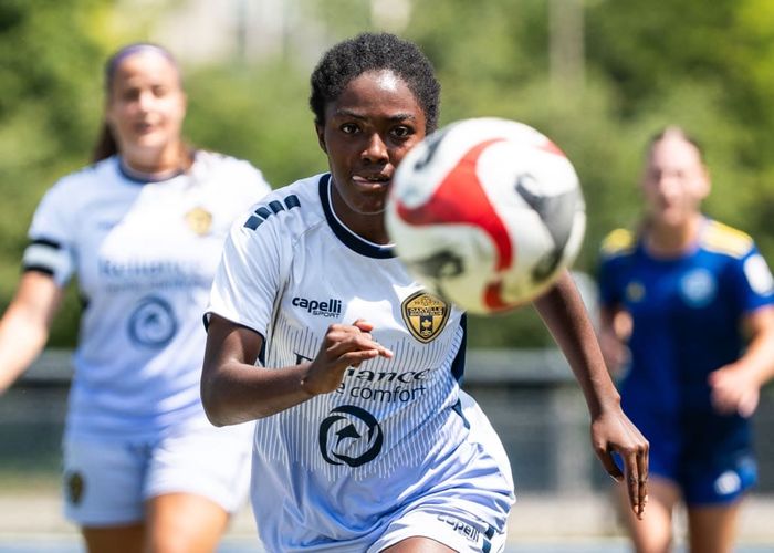 BURLINGTON, ON, Jul. 6, 2025: League1 Ontario soccer action between Burlington SC and Oakville SC at Bronte Athletic Park in OAKVILLE.