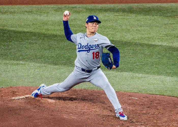 TORONTO, ON, Oct. 25, 2025: Yoshinobu Yamamoto of the Los Angeles Dodgers pitches during World Series baseball action against the Toronto Blue Jays at Rogers Centre.