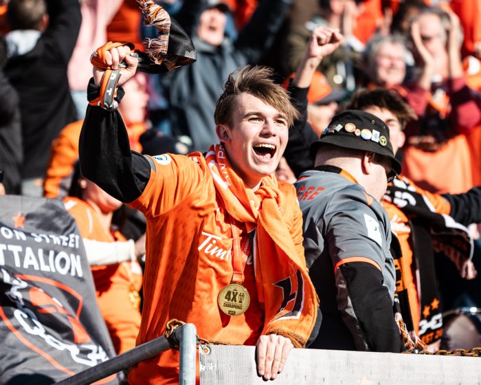 HAMILTON, ON: HAMILTON, ON - Apr. 13, 2024: Forge FC fans celebrate a goal scored during the second half of Canadian Premier League action against Cavalry FC.