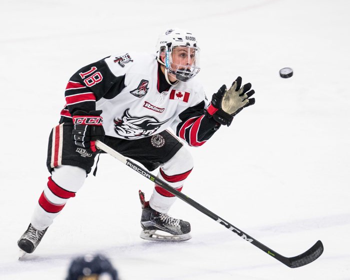 GEORGETOWN, ON: GEORGETOWN, ON - Jan. 31, 2018: Brendan D'Agostino of the Georgetown Raiders catches a flying puck.
