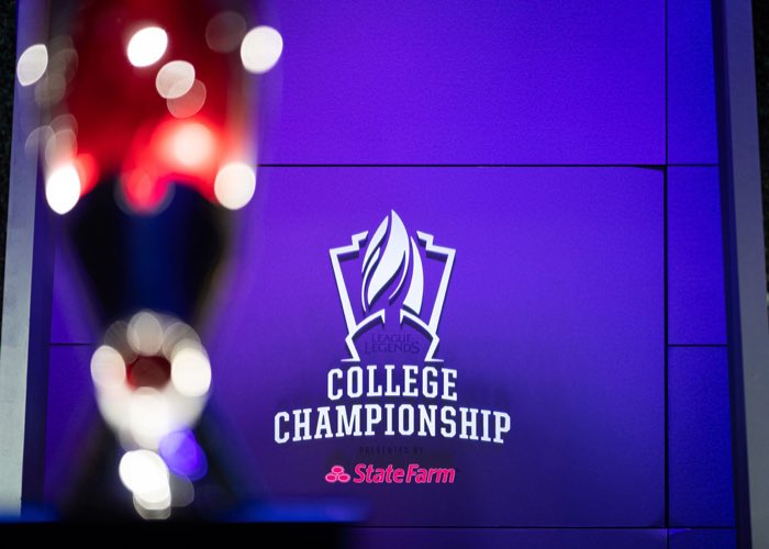 GREATER TORONTO AREA, ON: LOS ANGELES, CA - MAY 24, 2019: The trophy sits centre stage during a semi-final match at the 2019 College League of Legends Championship.