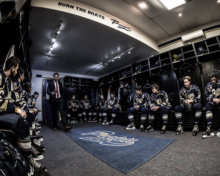 TORONTO, ON: TORONTO, ON - Oct. 15, 2017: John Dean, Head Coach of the Toronto Patriots, speaks to his players before they take the ice.
