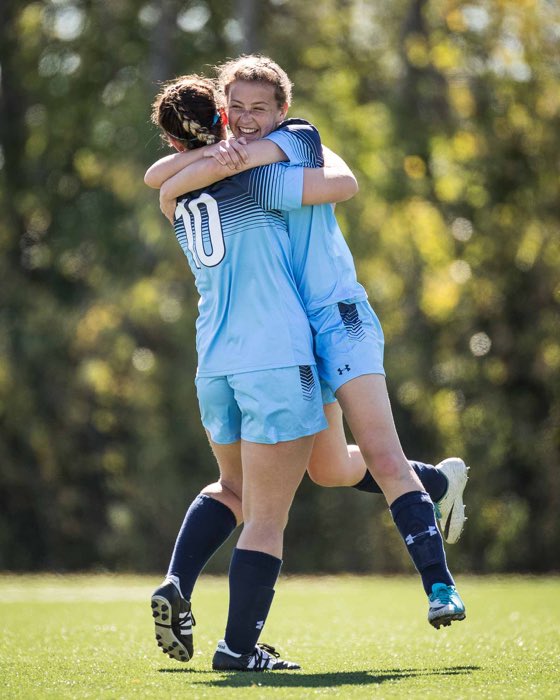 OAKVILLE, ON, Sep. 30, 2017: The Sheridan Bruins celebrate after scoring a goal during a homecoming game against the Humber Hawks.