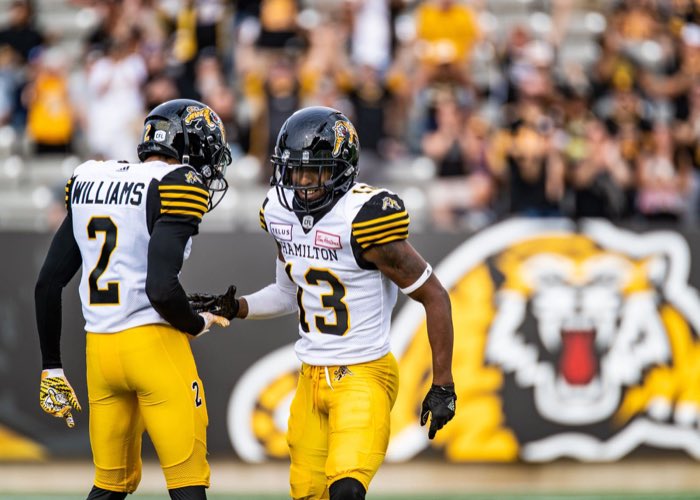 HAMILTON, ON: HAMILTON, ON - Jul. 28, 2018: Chris Williams and Jalen Saunders of the Hamilton Tiger-Cats celebrate a fourth quarter touchdown.