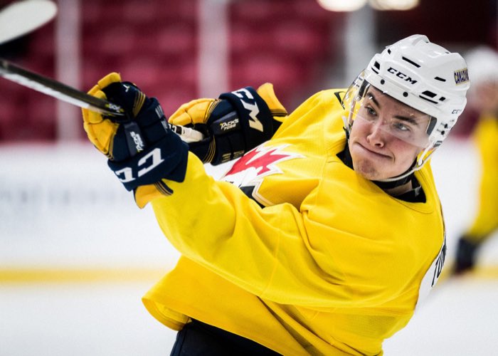 TORONTO, ON: TORONTO, ON - Dec. 4, 2017: World Junior "A" Challenge. Team Canada East Selection Camp 2017. Player clears the puck during the second period.