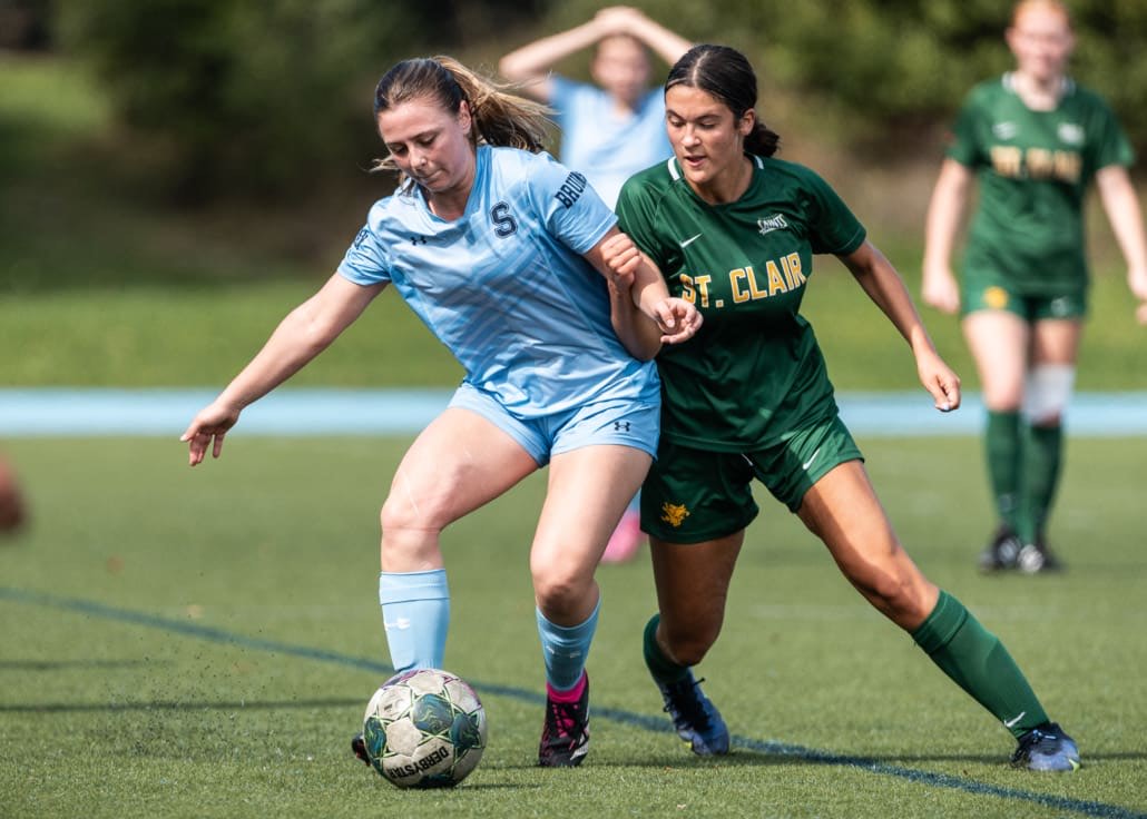 Ontario Colleges Athletic Association soccer action between the St. Clair Saints and Sheridan Bruins on September 27, 2025 at Sheridan College