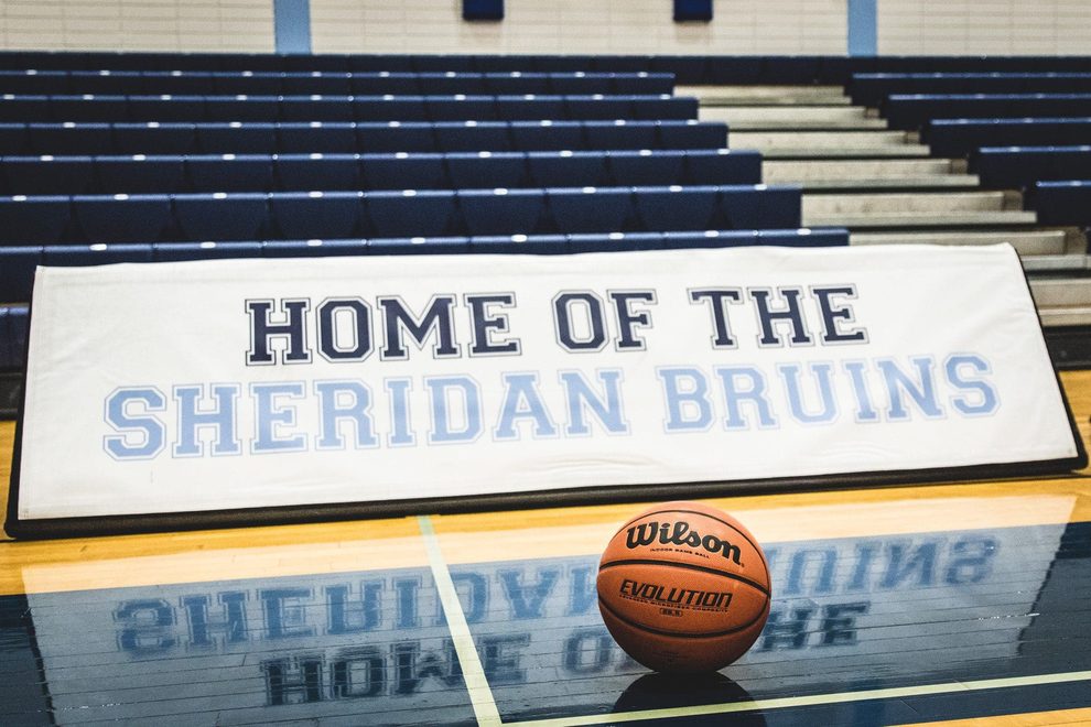 BRAMPTON, ON - Nov. 27, 2016: A ball sits on the Sheridan Bruins' court prior to OCAA basketball action.