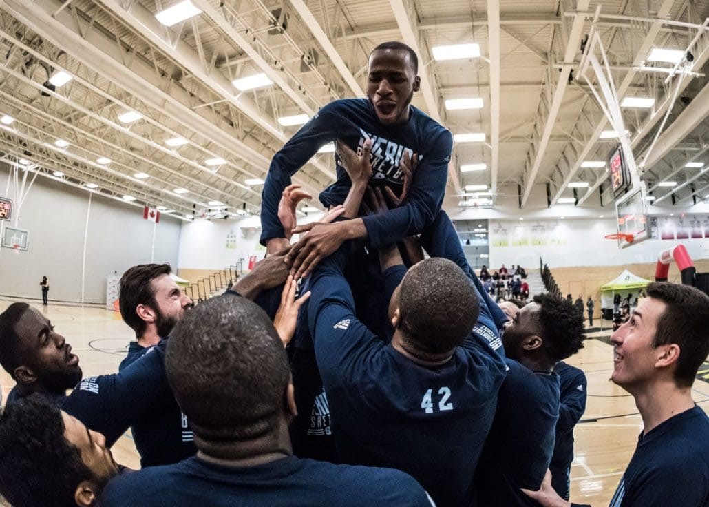 TORONTO, ON – Mar. 3, 2017: The Bruins lift Jemol Edwards into the air during player introductions.