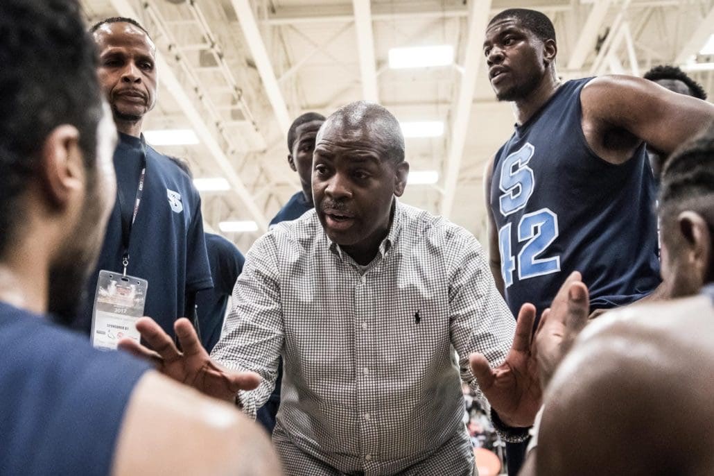 TORONTO, ON – Mar. 4, 2017: The Sheridan Bruins re-group during a time-out.