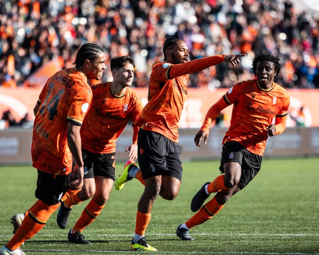 HAMILTON, ON - Apr 13, 2024: Canadian Premier League soccer game between Forge FC and Cavalry FC, Béni Badibanga (#39) Attacker for Forge FC celebrates the goal during the second half. (Photo by Kevin Raposo / kevinraposo.com)
