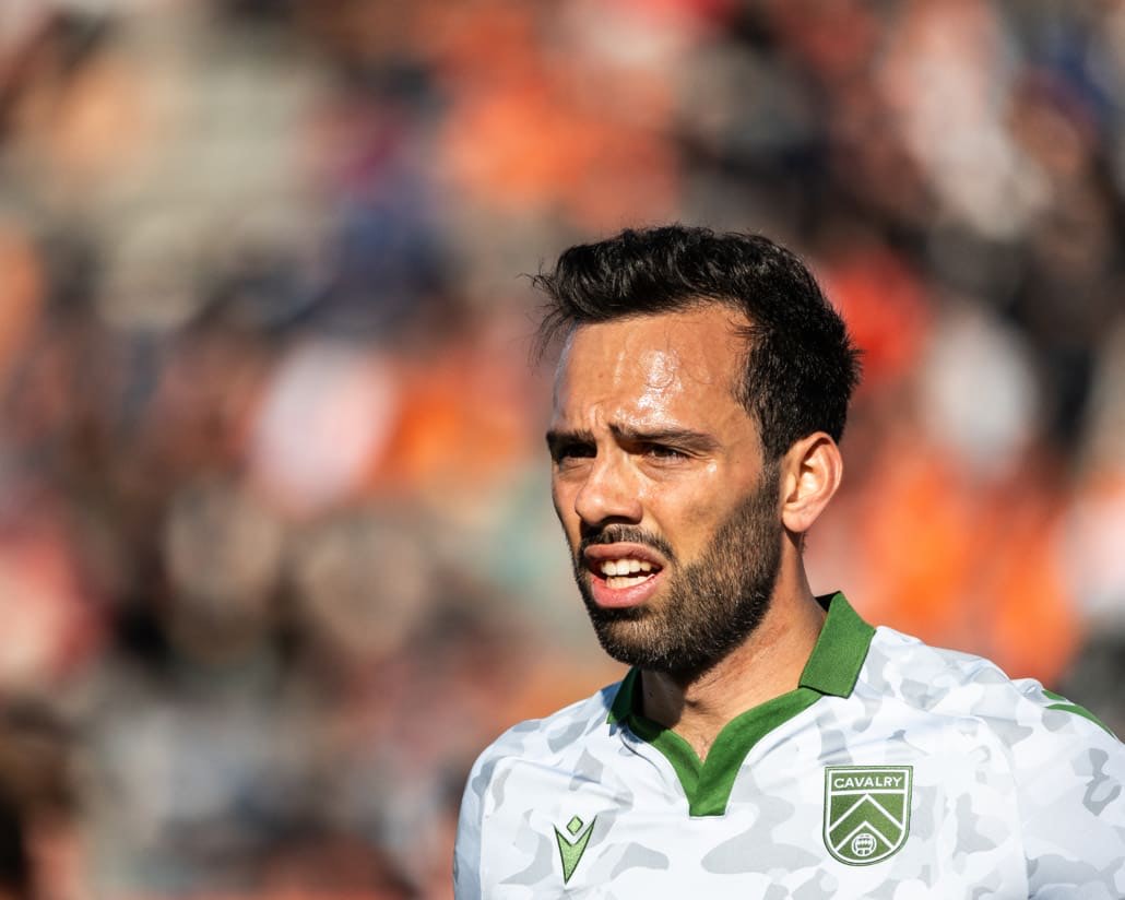 HAMILTON, ON - Apr 13, 2024: Canadian Premier League soccer game between Forge FC and Cavalry FC, Sergio Camargo (#10) Midfielder for Cavalry FC follows the play during the second half. (Photo by Kevin Raposo / kevinraposo.com)