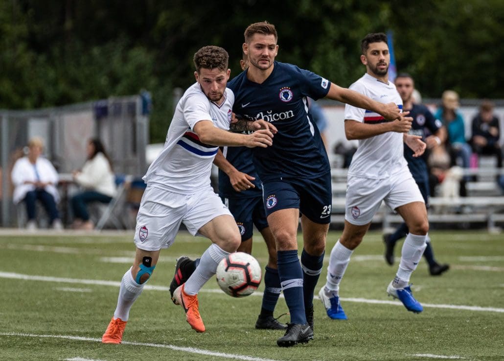 Sports Photography – League1 Ontario Playoffs, Men's Soccer, Woodbridge Strikers and Oakville Blue Devils in Oakville, Ontario, Canada at Bronte Athletic Park