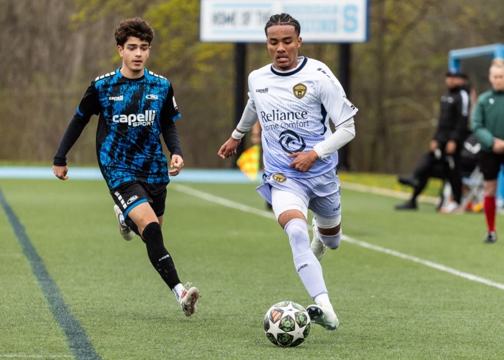 League1 Ontario soccer action between Oakville SC and Rush Academy on May 3, 2025 at Sheridan College in Oakville
