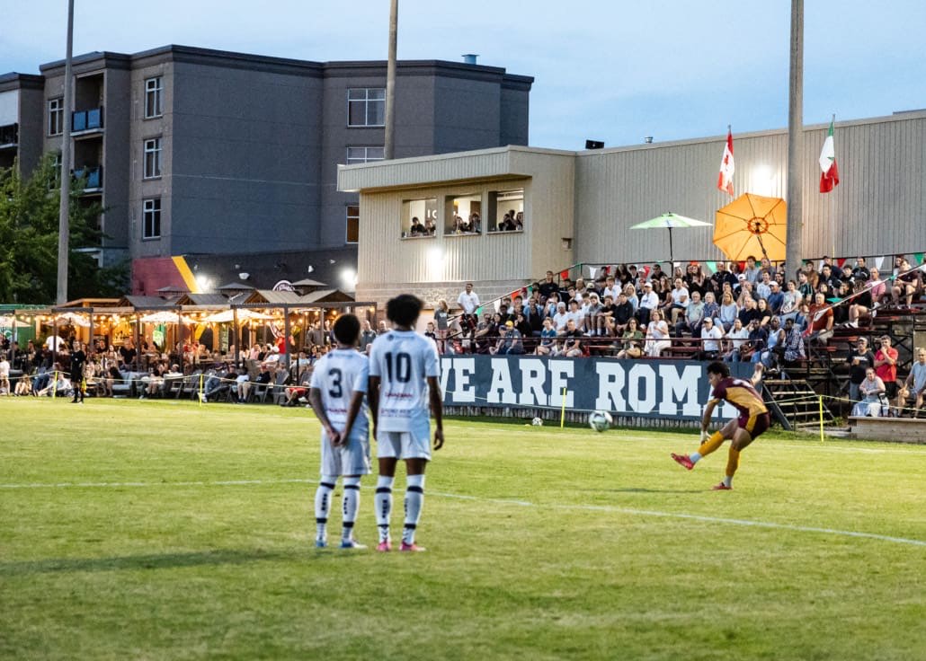 League1 Ontario soccer action between Simcoe Rovers and Roma Wolves on June 27, 2025 at Club Roma in St. Catharines