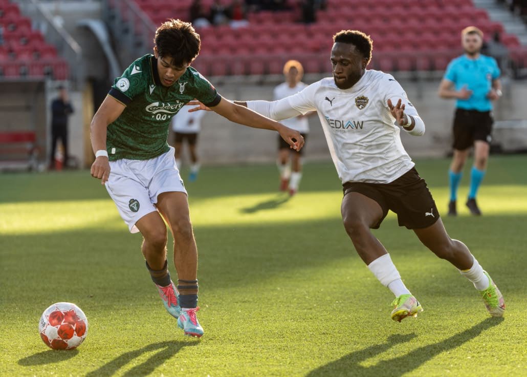 League1 Ontario soccer action between Waterloo United and York United Academy on April 27, 2025 at York Lions Stadium in Toronto