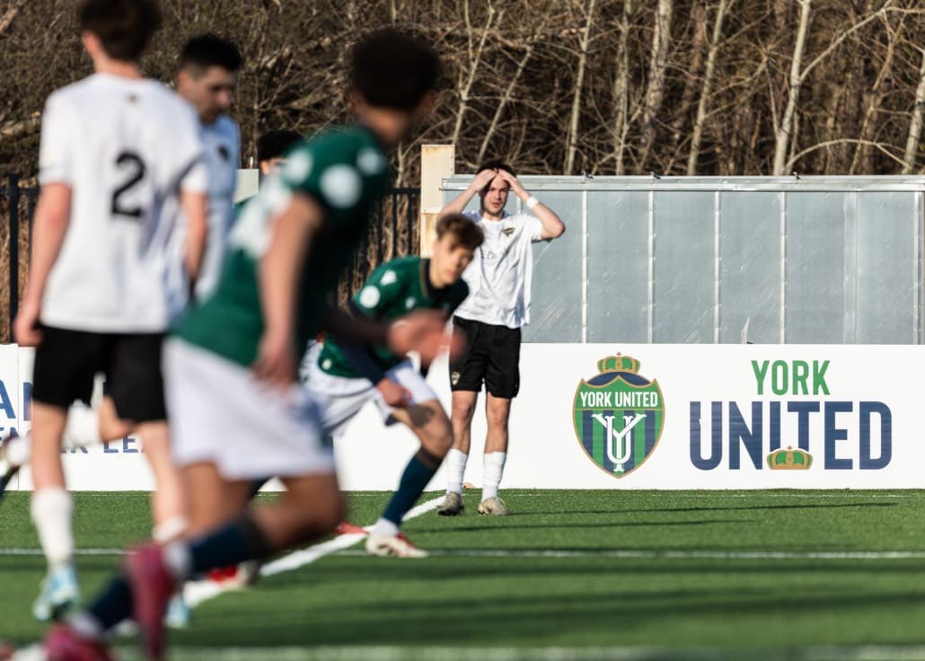 League1 Ontario soccer action between Waterloo United and York United Academy on April 27, 2025 at York Lions Stadium in Toronto