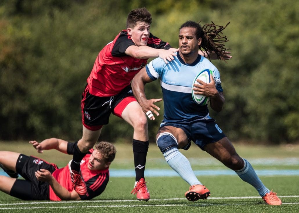 OAKVILLE, ON - SEP. 17, 2017: Ontario Colleges Athletic Association game between the Sheridan Bruins and the Seneca Sting.