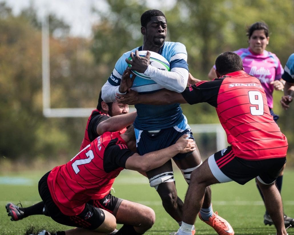 OAKVILLE, ON - SEP. 17, 2017: Ontario Colleges Athletic Association game between the Sheridan Bruins and the Seneca Sting.