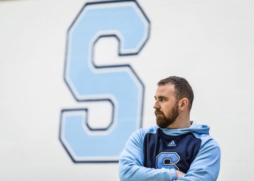 OAKVILLE, ON – Jan. 22, 2017: Frank Pento, head coach of the Sheridan Bruins men's volleyball team, looks onward in OCAA action.