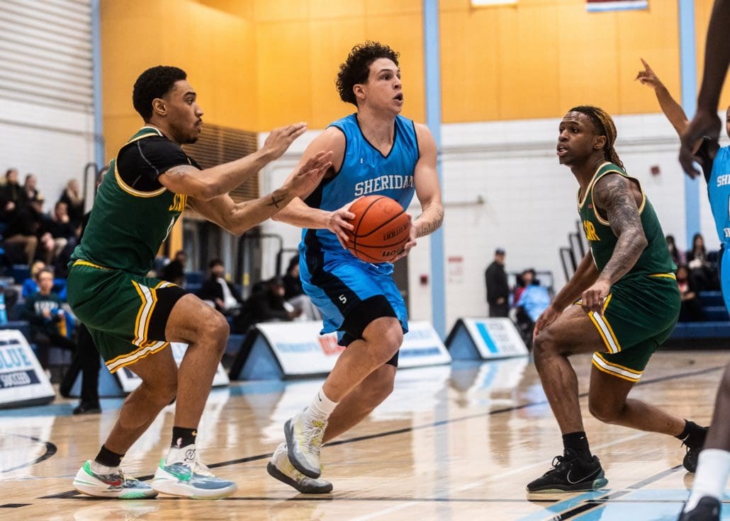 BRAMPTON, ON - Jan 27, 2024: Ontario Colleges Athletic Association basketball game between the St. Clair Saints and the Sheridan Bruins. (Photo by Kevin Raposo / Sheridan Bruins)
