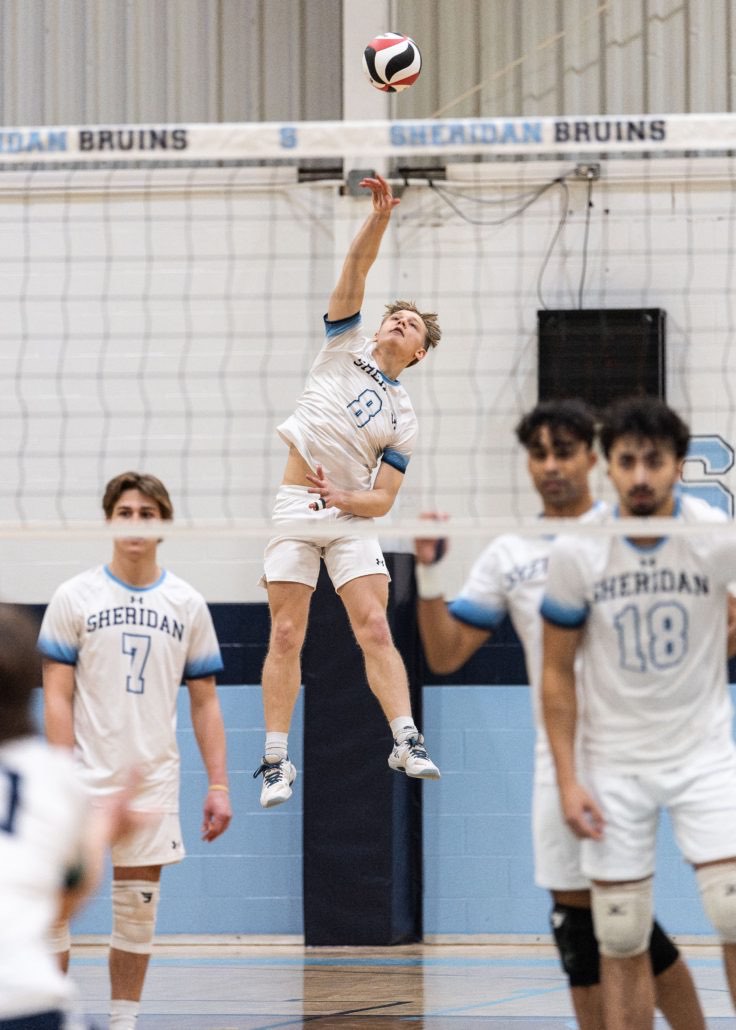 Ontario Colleges Athletic Association volleyball action between the Boreal Vipères and Sheridan Bruins on February 8, 2026 at Sheridan College in Oakville