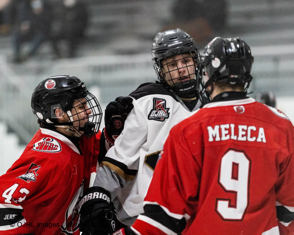 Sports Photography – Ontario Junior Hockey League, Regular Season, Men's Hockey, Brantford 99ers Blues and Milton Menace in Milton, Ontario, Canada at Milton Memorial Arena