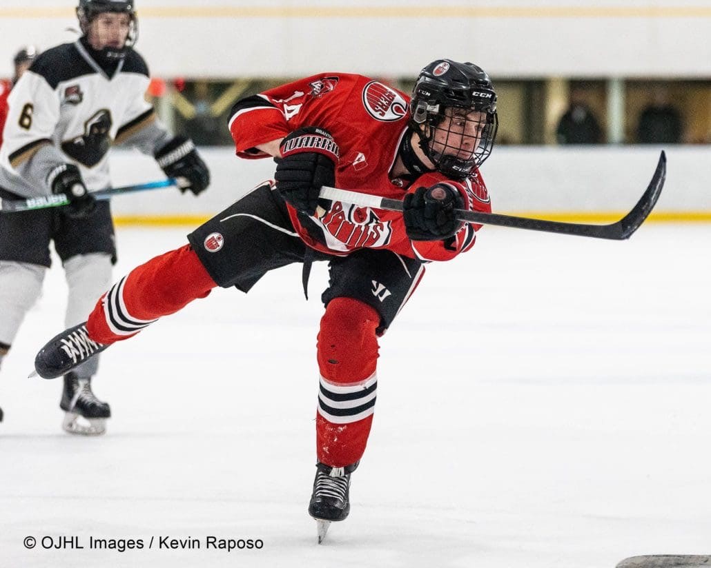 Sports Photography – Ontario Junior Hockey League, Regular Season, Men's Hockey, Brantford 99ers Blues and Milton Menace in Milton, Ontario, Canada at Milton Memorial Arena