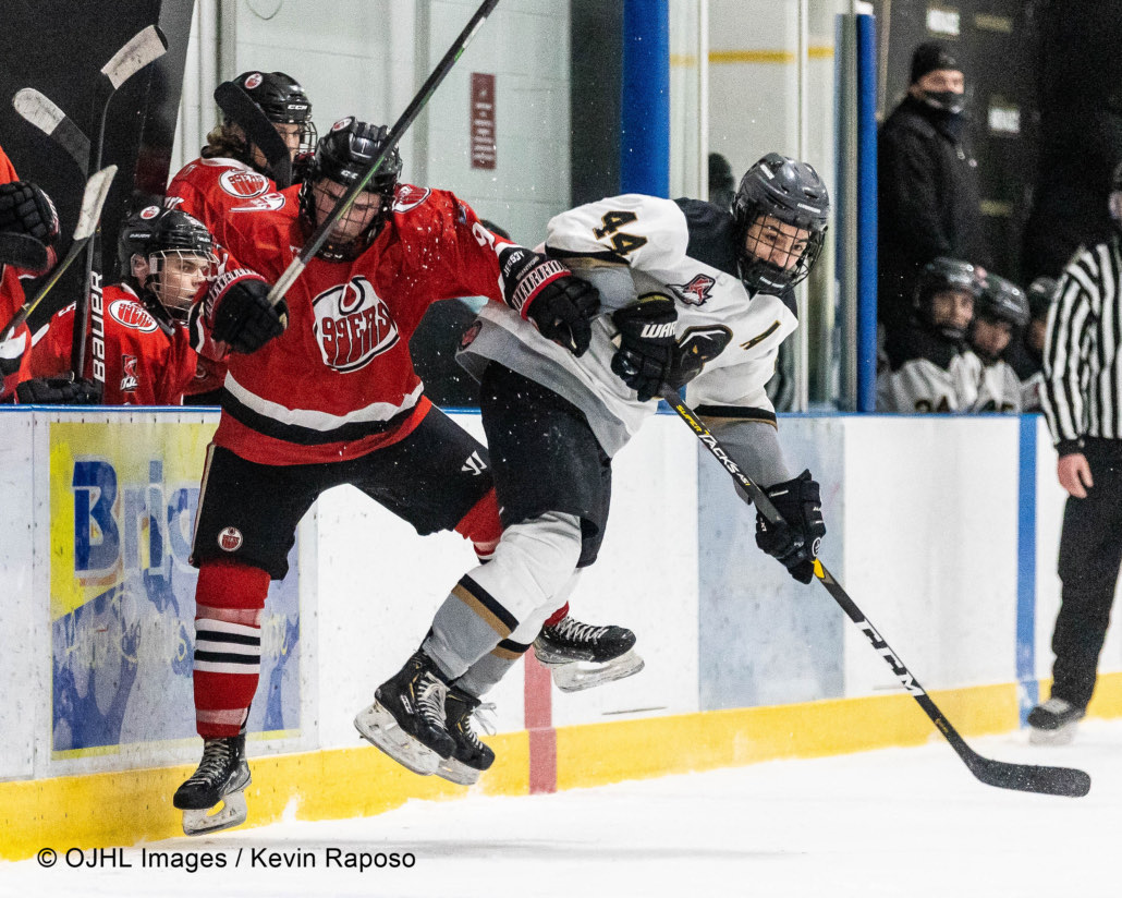 Sports Photography – Ontario Junior Hockey League, Regular Season, Men's Hockey, Brantford 99ers Blues and Milton Menace in Milton, Ontario, Canada at Milton Memorial Arena