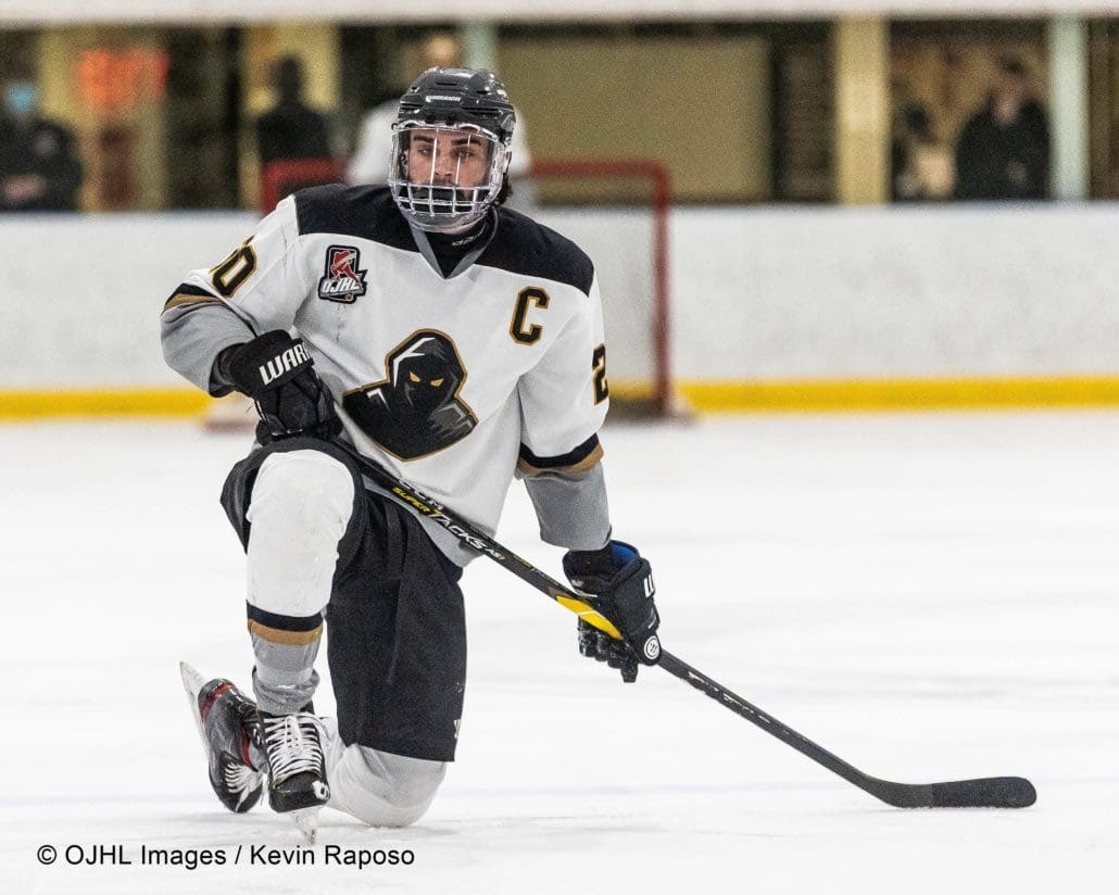 Sports Photography – Ontario Junior Hockey League, Regular Season, Men's Hockey, Brantford 99ers Blues and Milton Menace in Milton, Ontario, Canada at Milton Memorial Arena