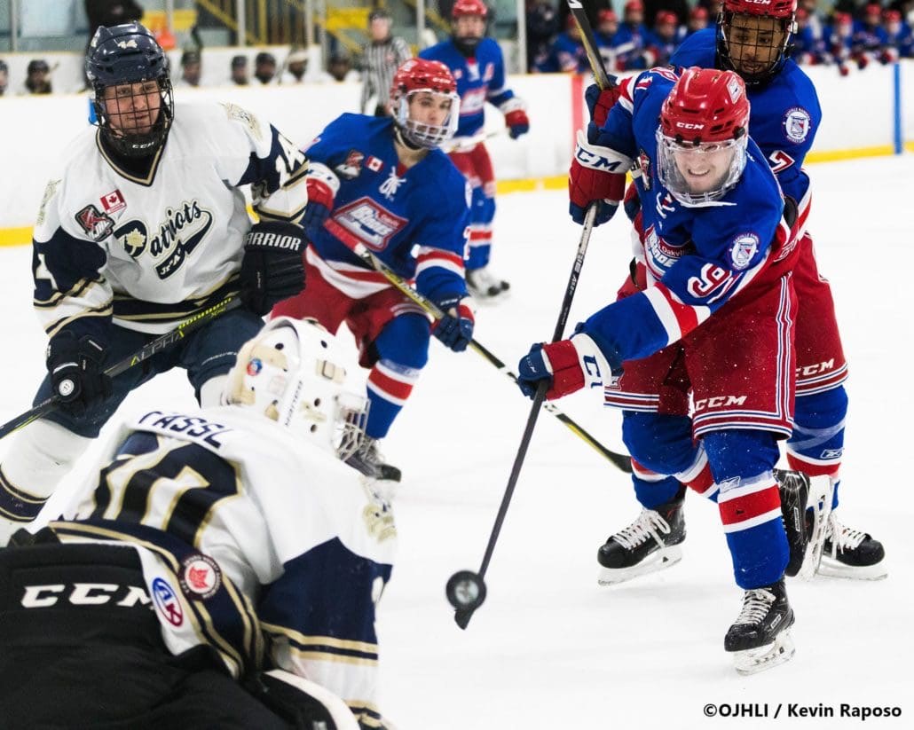 Ontario Junior Hockey League, post-season second round. Game five of the best of seven series between the Oakville Blades and Toronto Patriots
