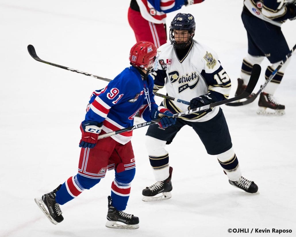 Ontario Junior Hockey League, post-season second round. Game five of the best of seven series between the Oakville Blades and Toronto Patriots
