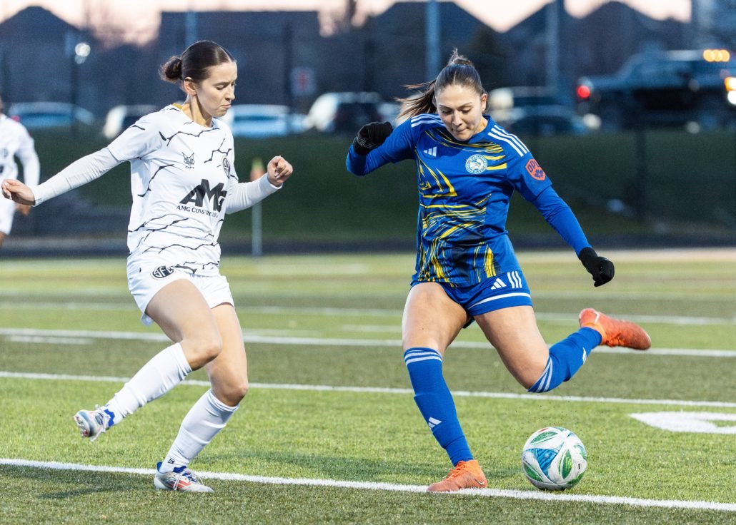 Ontario Premier League soccer game between Scrosoppi SC and Burlington SC on April 11, 2026 at Corpus Christi in Burlington