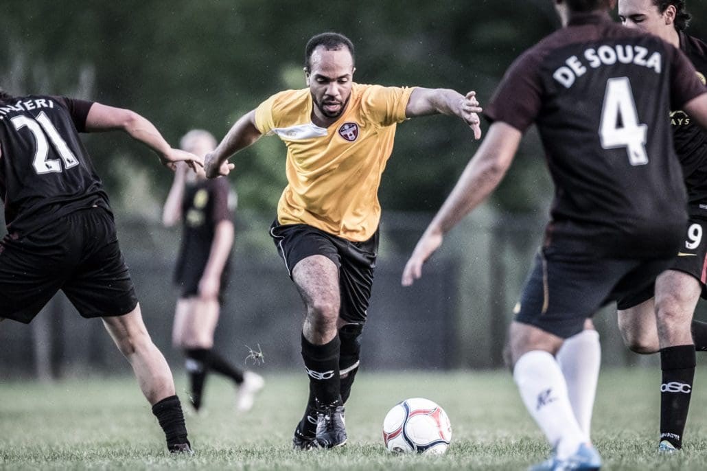 OAKVILLE, ON - MAY 29, 2017: Keanu Lloyd takes on the entire opposition by himself.