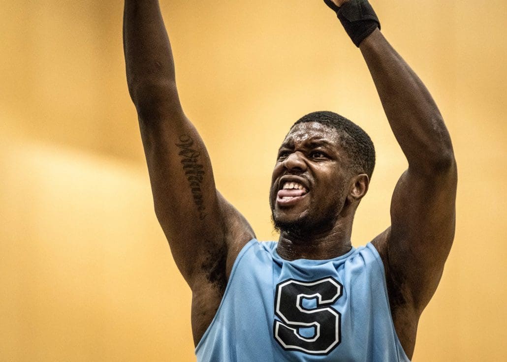 BRAMPTON, ON – NOV. 26, 2016: Paul Williams of the Sheridan Bruins reacts after missing a free throw against St. Clair in OCAA regular season action.