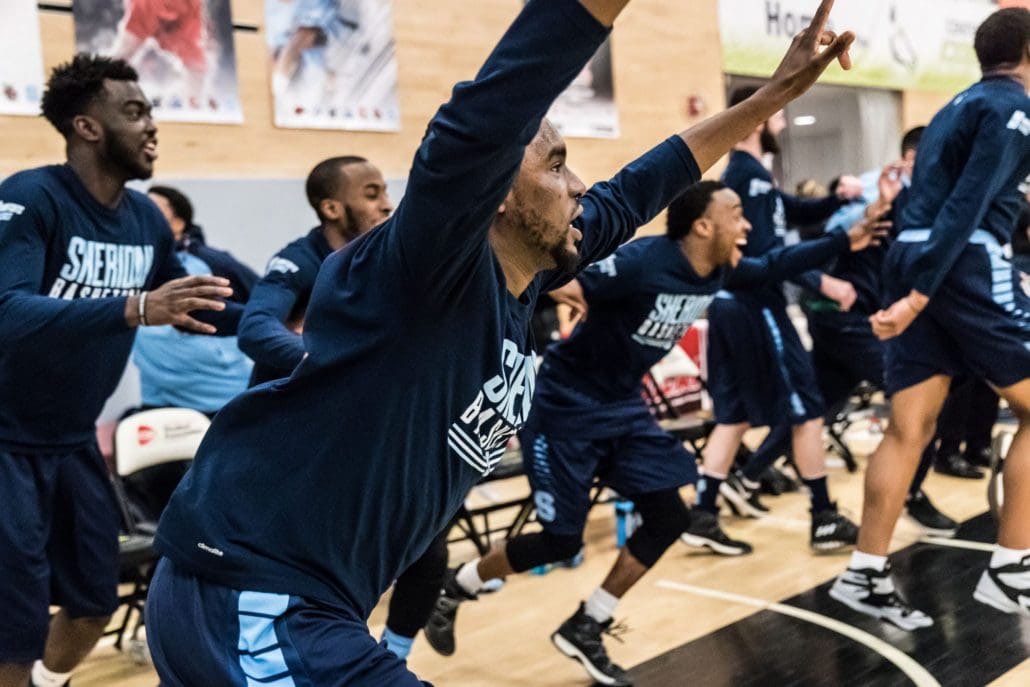 TORONTO, ON – Mar. 4, 2017: The Sheridan Bruins clear the bench after winning the 2017 OCAA Men’s Basketball Championship.