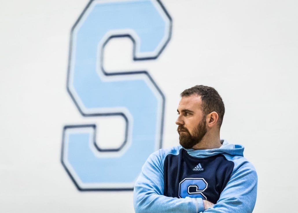 OAKVILLE, ON – Jan. 22, 2017: Frank Pento, head coach of the Sheridan Bruins men's volleyball team, looks onward in OCAA action.