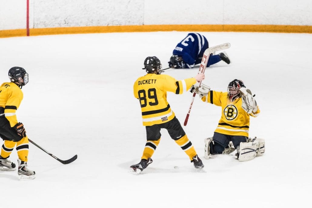BURLINGTON, ON - Apr. 8, 2017: Players celebrate a shootout victory in Wave Sports action.