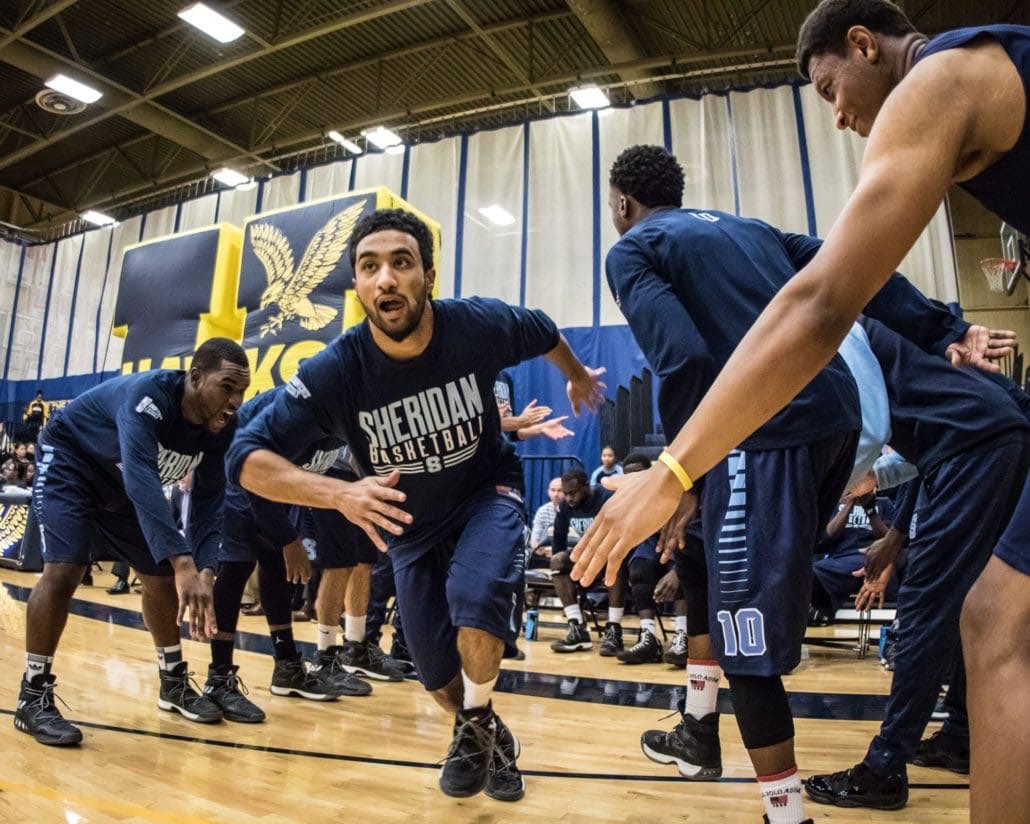 TORONTO, ON – Nov. 12, 2016: Dylan Periana of the Sheridan Bruins takes the court in OCAA regular season action against the Humber Hawks.
